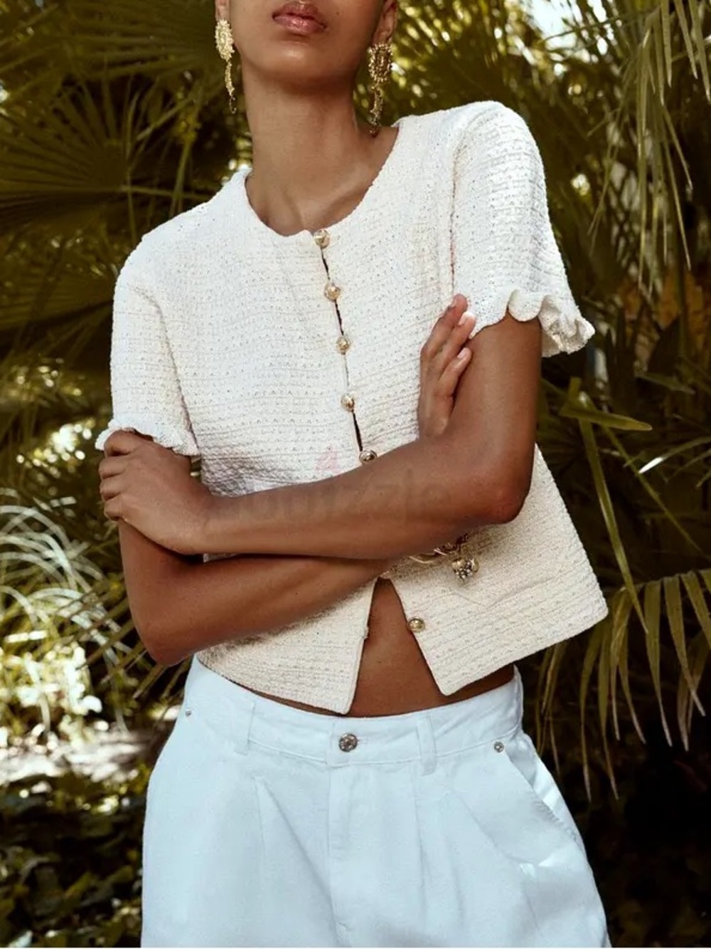 Zara | Oyster Knit Blouse with Gold Buttons, S